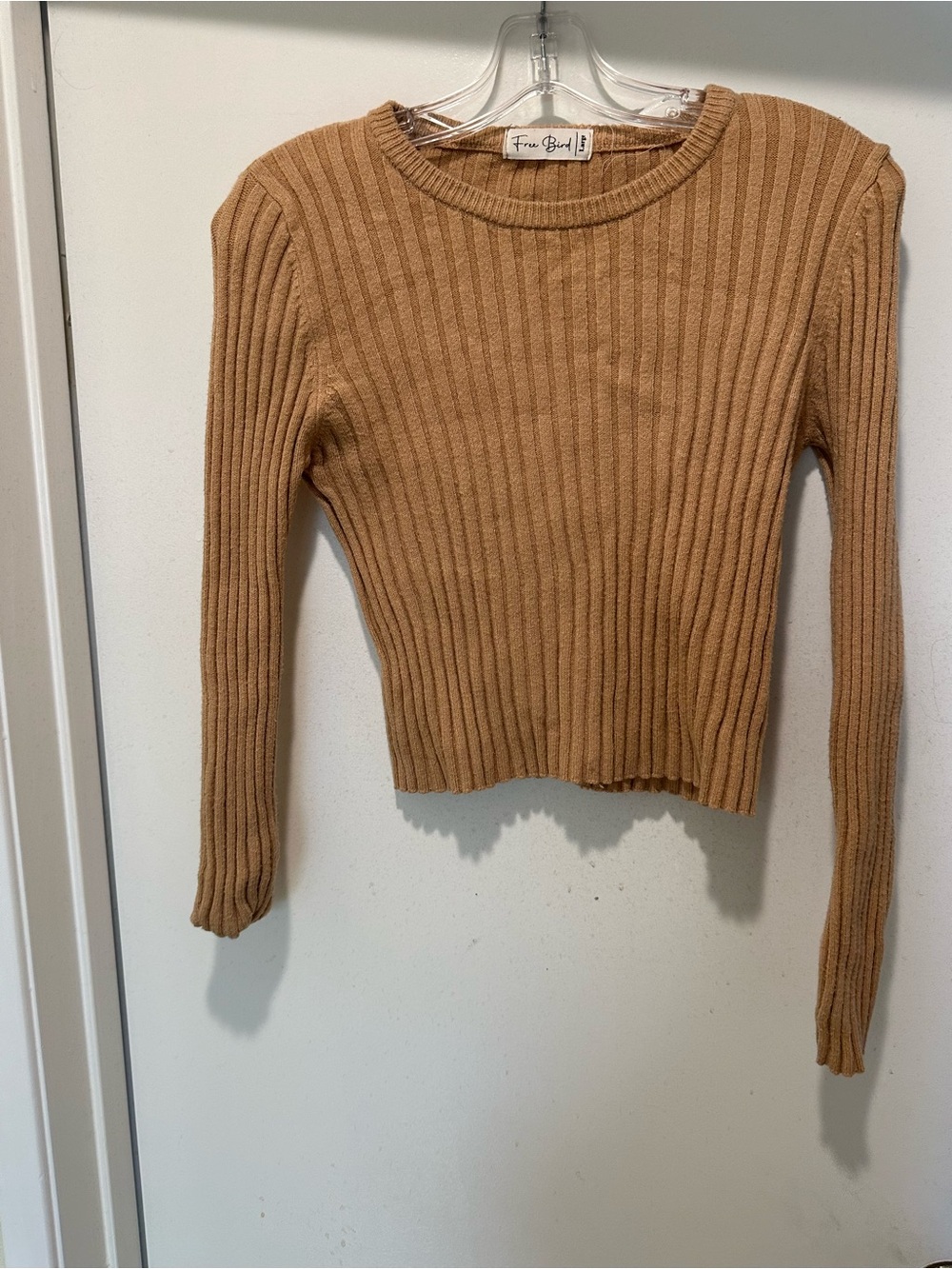 freebird Ribbed Long Sleeve Crop Sweater - Camel/Tan Size Large